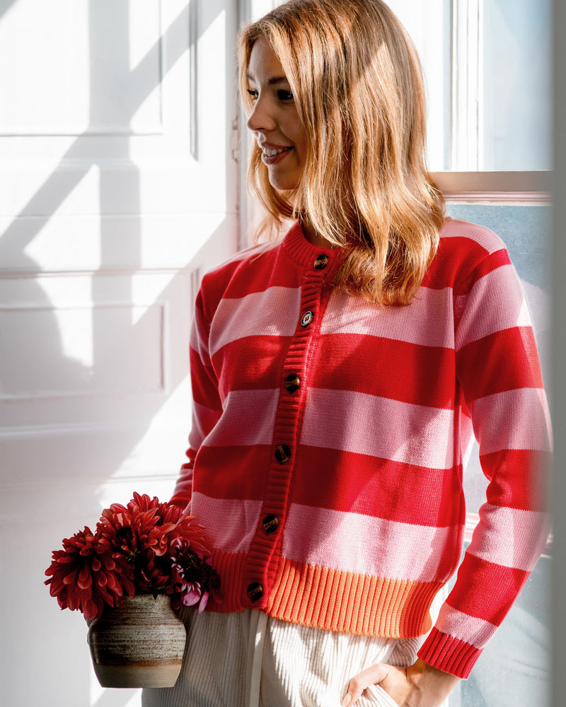 Aloft Dart Pink & Red Stripe Cardigan