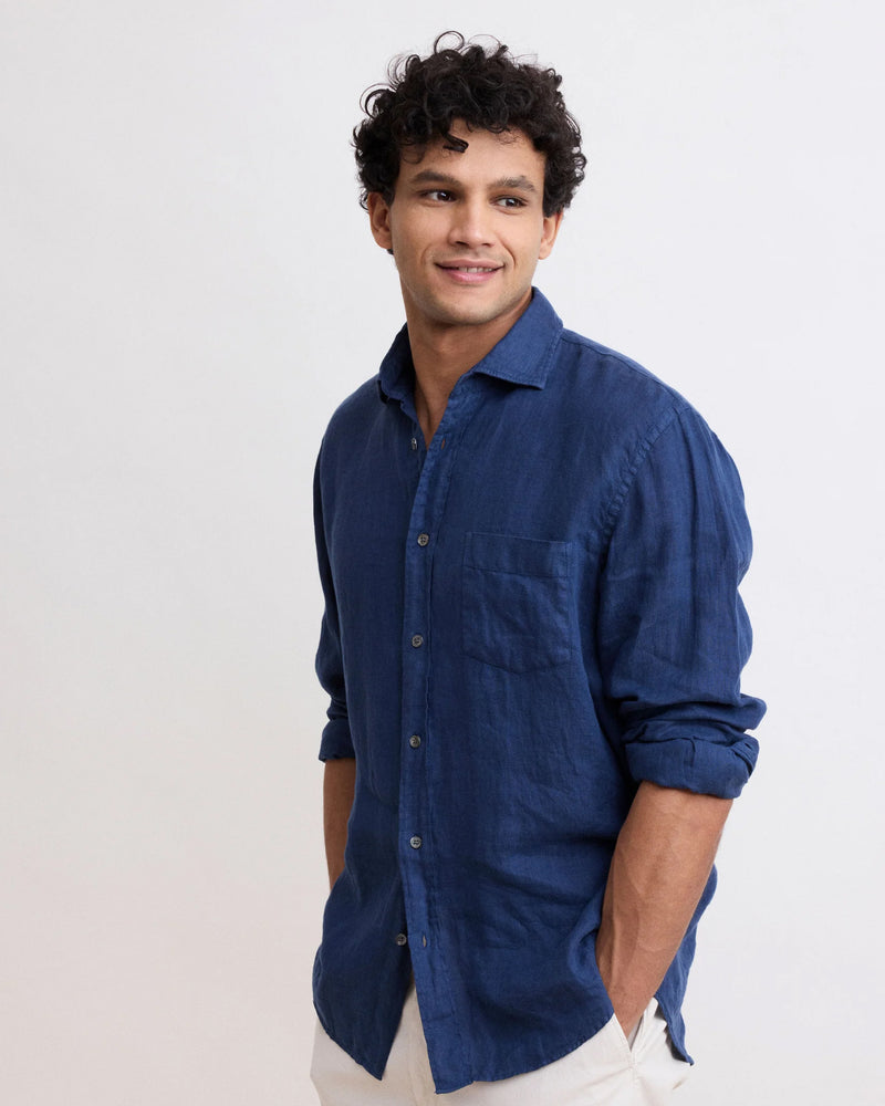 Hartford Jimmy Navy Linen Shirt