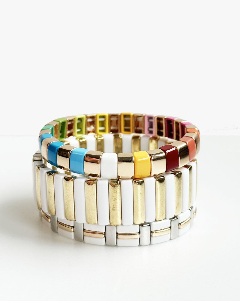 Wide White & Gold Tile Bracelet